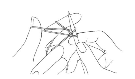 black and white illustration of a person pulling on yarn between their fingers with a…